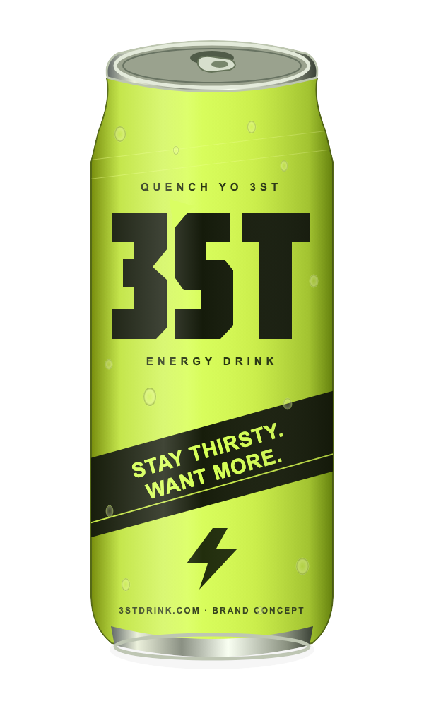 3ST electric-lime can concept with bold black branding and Quench Yo 3st lettering